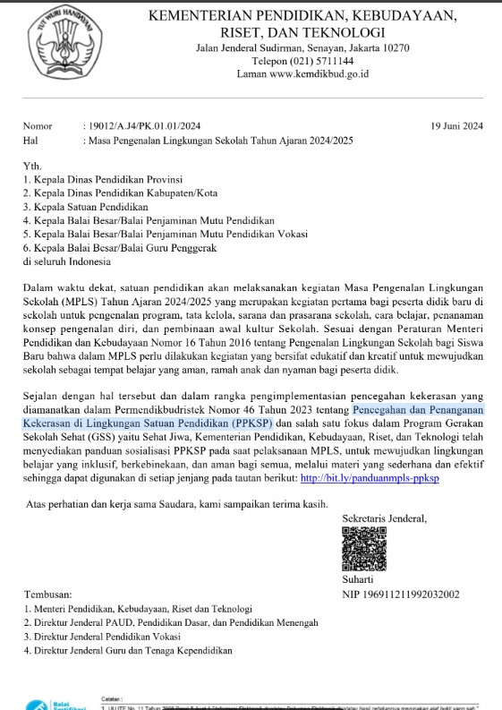 Surat Edaran Sesjen Kemendikbudristek tentang Panduan MPLS Melalui Aktivitas Pencegahan dan Penanganan Kekerasan di Lingkungan Satuan Pendidikan (PPKSP)